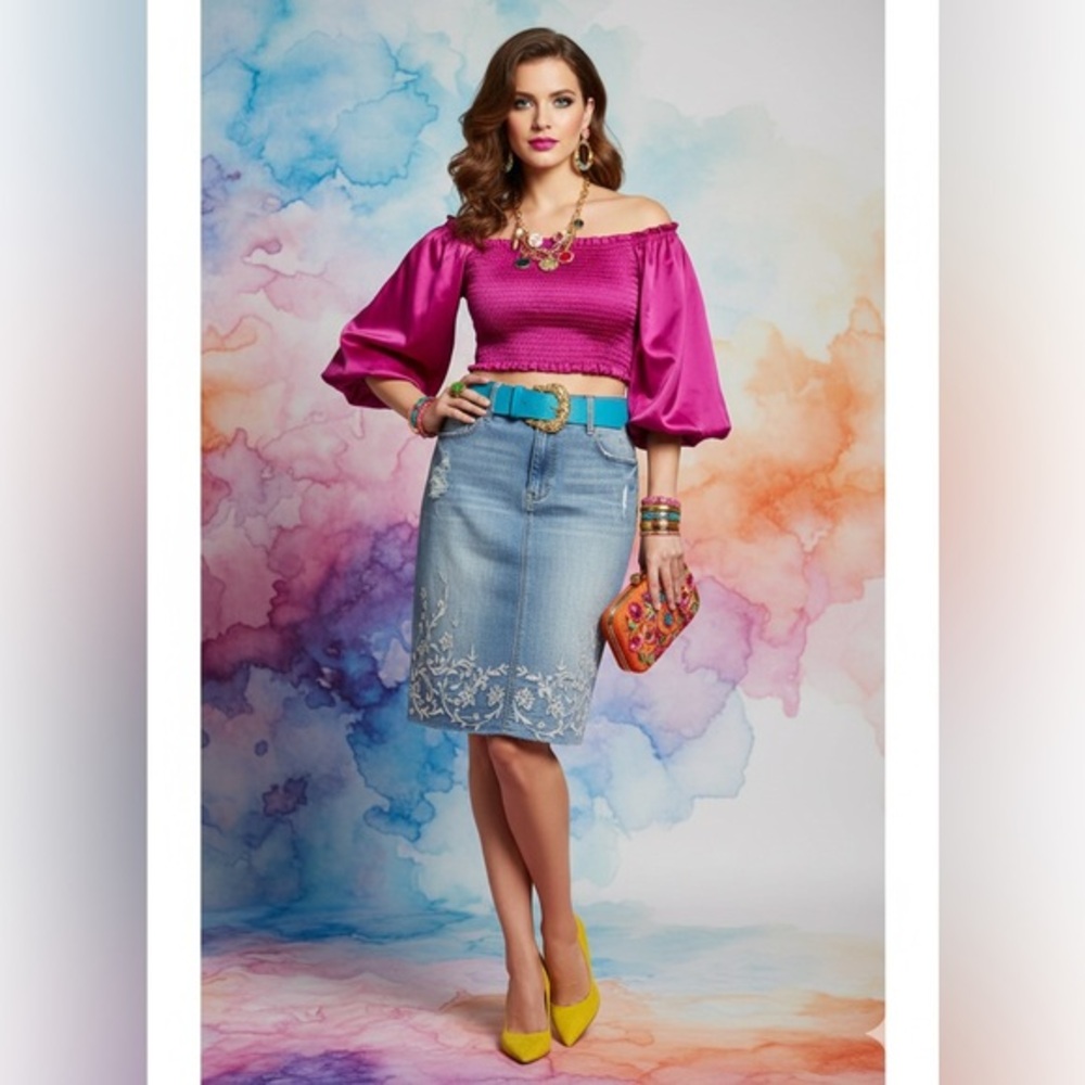 NWT Vintage X America Embroidered Denim Skirt - Boho Chic Floral - Size 12/31